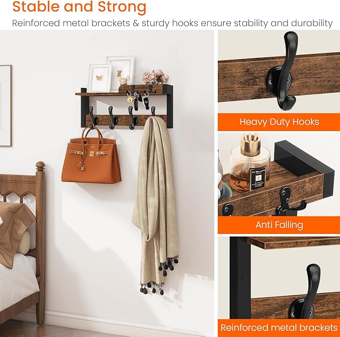 Homode Wall Mounted Coat Rack, Wood Floating Shelf with Key Holder and Mail Organizer, Entryway Wall Shelf with Hooks, Coat Hanger for Hanging Hat Towel Clothes Purse Backpack, Rustic Brown