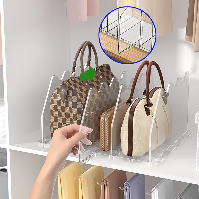 purse organizer for closet Sleek Transparent Acrylic Adjustable Organizer -shelf dividers Multifunctional for Home & Office Spaces (4 Baffles + 1 Hat Stand)