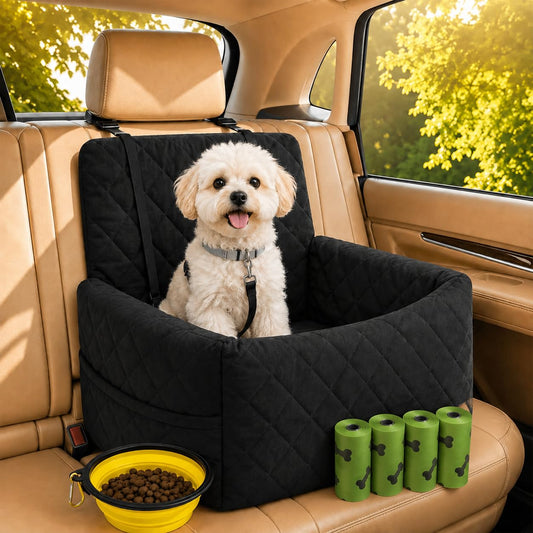 Dog Car Seat with 4 Poo Bag Rolls & Bowl - Booster Seat for Small & Medium Dogs, Detachable Washable Cover, Secure Buckles & Straps, Soft Cotton & Durable Polyester