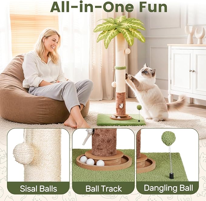 35.4" Tall Large Cat Scratching Post, Indoor Kitten Vertical Sisal Rope Scratcher Pole with Modern Aesthetic Leaf and Toy, Heavy Duty Stable Base with Multifunctional Interactive Ball Track