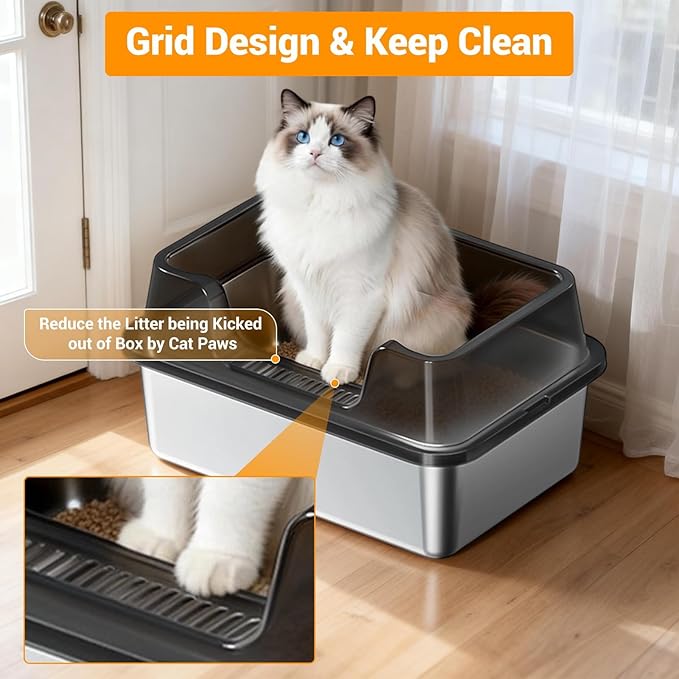 Enclosed Stainless Steel Cat Litter Box with Lid, XL Extra Large Litter Box for Big Cats, Metal Litter Pan High Sided, Never Absorbs Odors, Anti-Urine Leakage, Easy Cleaning, Include Scoop