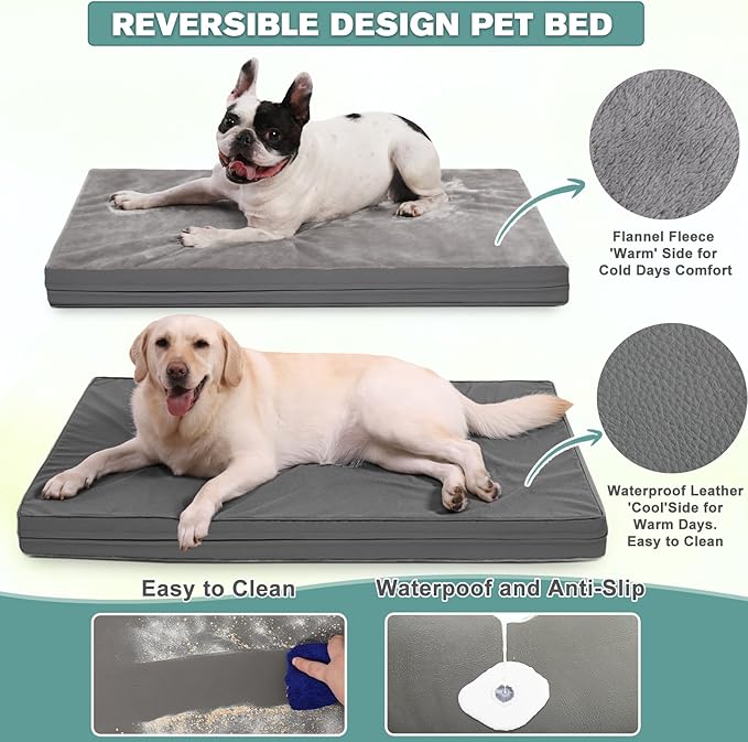 Waterproof Dog Beds Large Sized Dogs, Washable Orthopedic Pet Bed with Removable Cover Reversible, Foam Pets Bed Durable Anti-Slip Bottom, 36"x27", Gray