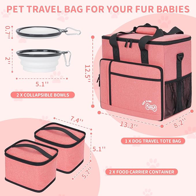 Dog Travel Bag,Large Pet Travel Bag for Supplies with 2 Food Container and Collapsible Bowls,Dog Travel Supplies Organizer Kit for Weekend,Road Trips,Camping