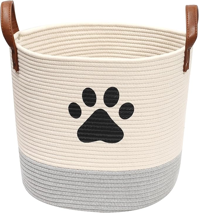 Cotton rope dog toy basket, puppy bins, laundry basket blanket storage bin - Perfect for organizing pet toys, blankets, leashes White Gray