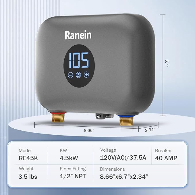 Gen II Ranein Electric Tankless Water Heater, 4.5 kW, 110v, On Demand Instant Endless Water Heater with LED Display, Point of Use, Compact Under-sink Design for Bathroom and Kithcen