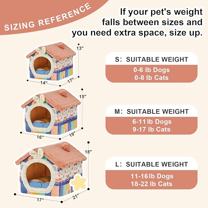 JIUPETY Cute Small Dog House Indoor, Foldable House Kennel Bed Mat with Cushion, L Size Tent for 11-16 lb Dogs and 18-22 lb Cats, Dog Cave Bed with Non-Slip Bottom, Rainbow