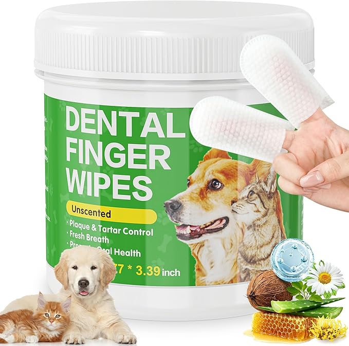 Dog Teeth Cleaning Wipes, Dog Tooth Brushing Kit for Dogs & Cat, Dog Dental Wipes, Cat Wipes, Dog Toothbrush and Toothpaste Alternatives (60 Counts)