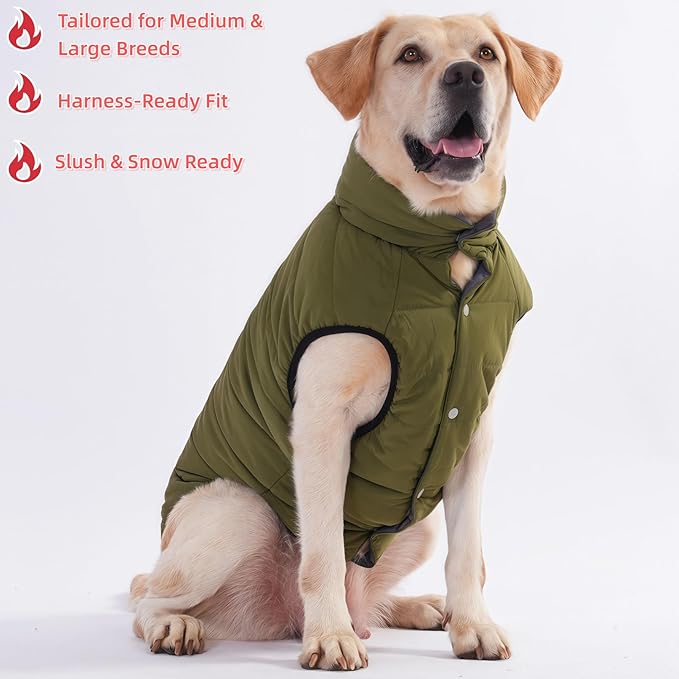 LovinPet Reversible Dog Puffer Coat for Medium & Large Dogs, Down‑Insulated Winter Jacket, Water‑Resistant & Wind‑Resistant, Anti‑Static, Dual-Sided Dark Green & Grey for Cold Weather,2XL