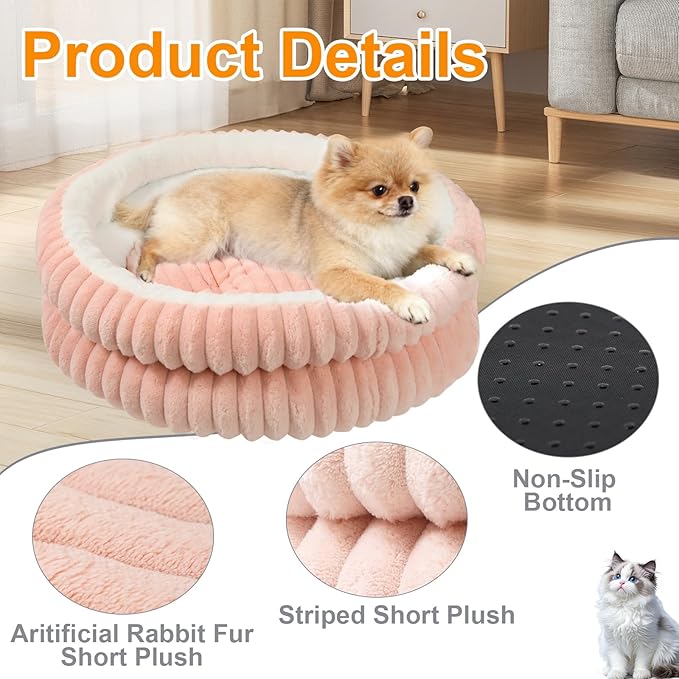 Washable Round Donut Dog Bed,Cat Beds for Indoor Cats,Fluffy Puppy Dogs Beds for Small Dogs with Anti-Slip Bottom(Pink,M)