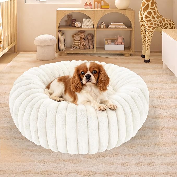 Washable Extra Large Dog Bed,Calming Anti Anxiety Round Donut Dog Bed,Fluffy Puppy Beds for Small Dogs,Cute Kitten Cat Beds for Indoor Cats,Anti-Slip Comfort Pet Beds for Extra Large Size(White,XXL)