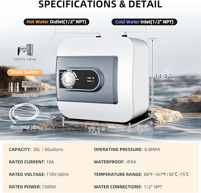 Electric Mini Tank Water Heater, 8Gallon Under Sink On Demand Hot Water Heater, Wall or Floor Mounted, 1500W Point of Use Instant Hot Water for RV Kitchen Bathroom Restaurant