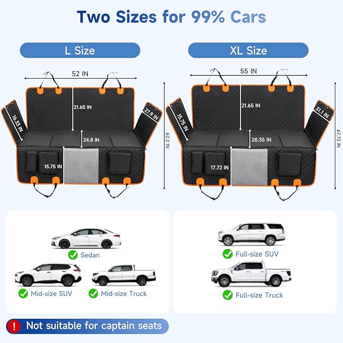 Dog Car Seat Cover for Back Seat Waterproof Oxford Fabric, Hard Bottom Seat Extender, Scratchproof, Anti-Slip, Dog Hammock for Car with Mesh Window, Fit Full Size Truck, Black Orange