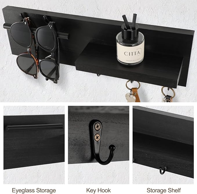 Key Holder for Wall, Decorative Entryway Shelf with Hooks Holds Keys, Dog Leash, Sunglasses – Key Hanger with 3 Hooks Organizes, Enhances Home Decor (15” x 4.5” x 2.6”) (Black)