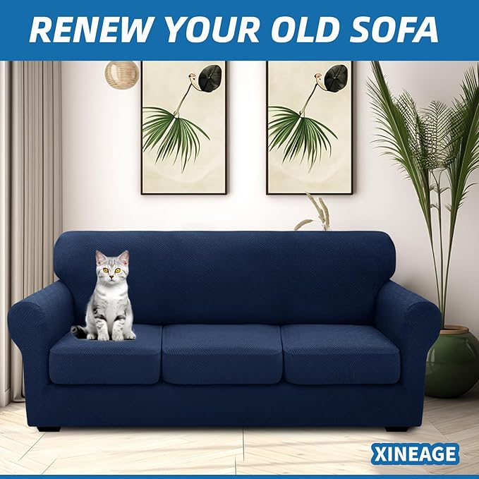 XINEAGE 2025 New 4 Pieces Extra Large Couch Covers for 3 Cushion Sofa Super Stretch Sofa Cover for 3 Large Seat Cushion Universal Slip Cover for Living Room (Navy Blue), 91"-110"(3 Cushions)