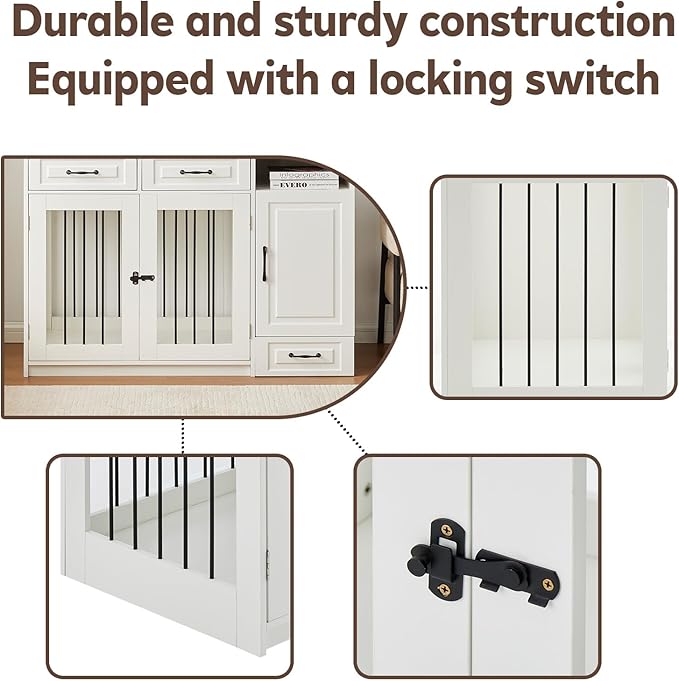 45.7" Dog Crate Furniture with Storage Drawers & Hidden Bowl, Wooden Indoor Dog Kennel Furniture with Food Storage Cabinet/Hooks, Dog Crate End Table TV Stand for Small/Medium/Large Dogs, White