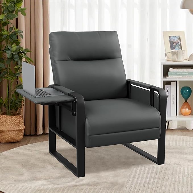 Faux Leather Accent Chairs Set of 2 with Side Table Modern Upholstered Armchair Leisure Chairs for Living Room Bedroom Office Club Dark Grey