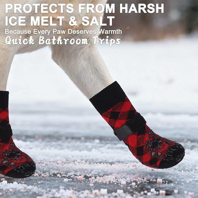 EXPAWLORER Dog Socks for Cold Winter Snow to Prevent Licking Paws, Anti Slip Doggie Booties Grippy Shoes for Hardwood Floors, Boots & Paw Protectors for Small Medium Large Senior Dogs Red Black XL