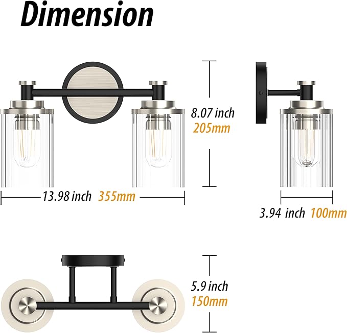 Bathroom Lighting Fixtures Black and Brushed Nickel Bathroom Vanity Light with Cylindrical Clear Stripes Glass Lampshade E26 Socket Base Bathroom Lighting Fixtures Over Mirror (2 Lights)