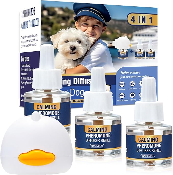 Pheromone Calming Dog Diffuser 4 in 1 Appeasing Pet Pheromones Diffuser to Calm Kit (Plug in+ 3 Pack 48ml Refill) for Anxiety Relief Reduce Barking Aggression Fighting Stress 90 Day Supply