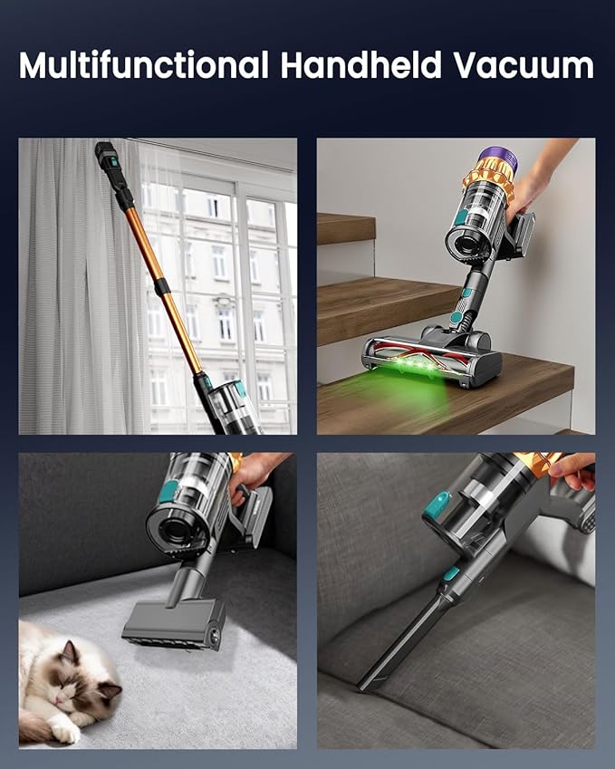 Cordless Vacuum Cleaner 650W 55KPA 60 Mins Vacuum Cleaners for Home, Powerful Stick Vacuum Green Light Anti-Tangle & Sofa Brush, Rechargeable Wireless Vacuum for Pet Hair/Carpet/Hardwood Floor, Gold | cordless stick, handheld, lightweight, rechargeable...