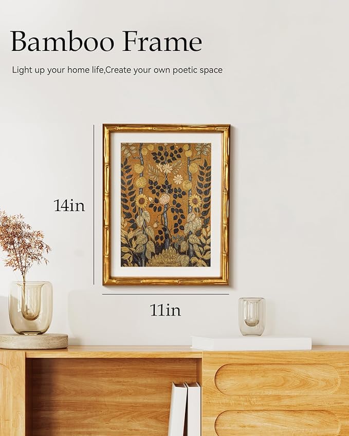 Vintage Botanical Garden Floral Wall Art Frame 11x14, Retro Gold Bamboo-Textured Framed Canvas Print Acrylic Cover, Classic Plant Painting Artwork Living Room Bedroom Entryway Home Décor
