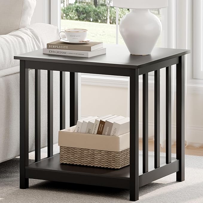 Treocho End Table, 24 Inch Square Side Table Living Room with 2-Tier Storage Shelf, Modern Nightstand for Living Room, Bedroom, Office, Black