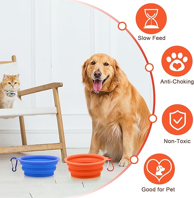 Large Collapsible Dog Bowls (34oz), 2 Pack 2 Colors Pet Travel Foldable Bowl and Slow Feeding Frisbee with Carabiners, Healthy, Soft Silicone, Portable Essential Set for Walking, Travel, and Hiking