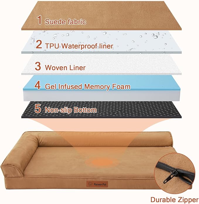 Orthopedic Dog Beds Large Sized Dog, Memory Foam Pet Bed for Large Dogs, Removable and Washable Microsuede Cover, TPU Waterproof Liner, Nonskid Bottom, 41x27x6 Inches, Khaki