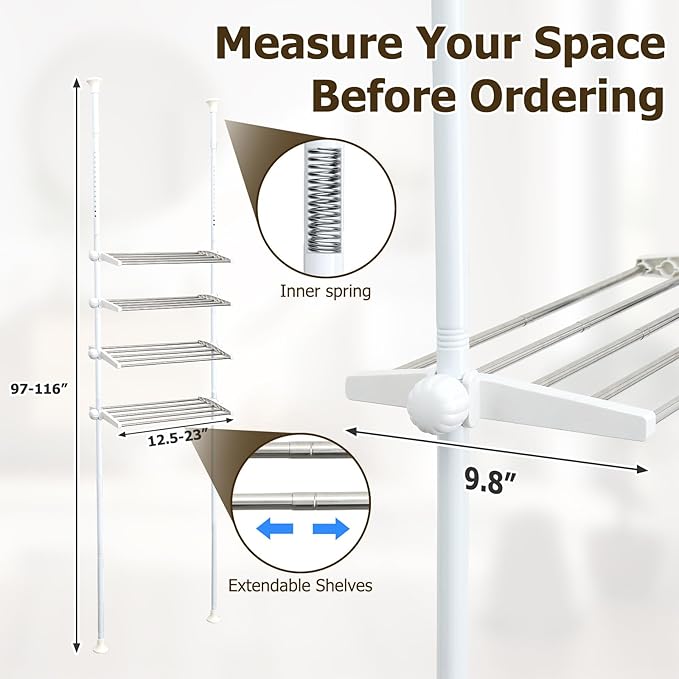 4 Tier Over The Toilet Storage 97-116” Over Toilet Bathroom Organizer with Adjustable Shelf Slim Behind Toilet Shelf for Toilet Paper Towel Plants (White)