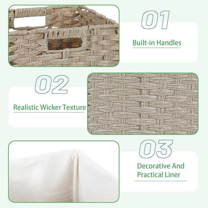 Bidtakay Wicker Baskets for Shelves Waterproof Imitation Wicker Cube Storage Bins with Liners for Organizing Closet Cabinet 2-Pack 11x11 inch Storage Cube Organizer for Pantry-Greyish Beige