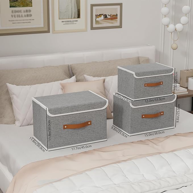 Yawinhe Collapsible Storage Boxes, Foldable Bin with Lids, Cube Clothes Organizer Basket with Handles, Grey, 13.0''Lx9.0''Wx7.9''H, 7-Pack, SNK024GS-7
