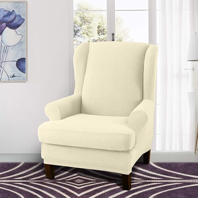 Granbest Premium Water Repellent Wingback Chair Cover 2-Piece High Stretch Jacquard Fabric Wing Back Chair Slipcovers (Wing Chair Cover,Beige)