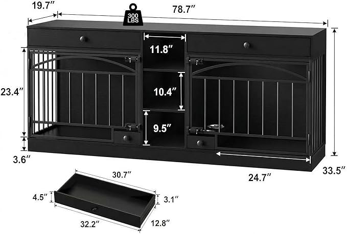 GarveeHome Dog Crate Furniture for 2 Dogs, Dog Kennel Indoor with Storage and Feeding Bowls, Double Dog Crate TV Stand for Small Medium Dogs, Black