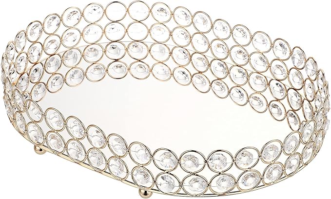 Hipiwe Mirrored Crystal Vanity Makeup Tray, Gold Ornate Jewelry Trinket Decorative Tray Cosmetic Perfume Display Organizer Tray,Home Decor Tray for Dresser/Bathroom, 11.8" x 8"