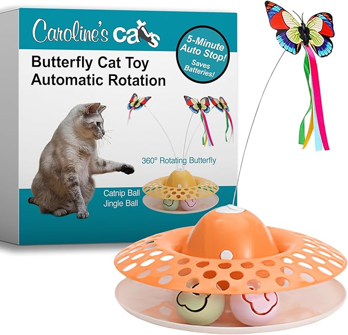 Caroline's Cats Automatic Butterfly Cat Toy – Interactive 2 in 1 with Auto Shut Off & Catnip Ball Track; Recommended Electric Exercise & Enrichment Game