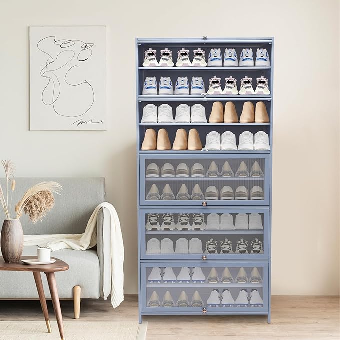 Tall Bamboo Shoe Cabinet with Doors, 10 Tier Large Capacity Shoe Rack Organizer, Narrow Freestanding Storage Shelf for Entryway, Hallway & Closet, Holds 40-45 Pairs (Grayish Blue)