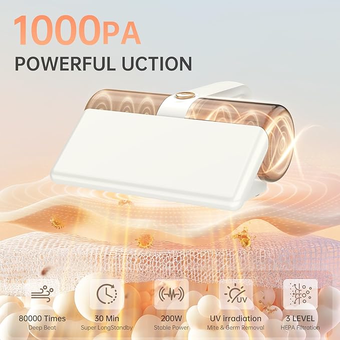 Mattress Vacuum Cleaner -Cordless Bed Vacuum Cleaner | Effortless Powered by UV-C Light & Ultrasonic Technology, 10Kpa Strong Suction,Suitable for Dust, Pet Hair from Bed, Sofa , Corners and Crevices