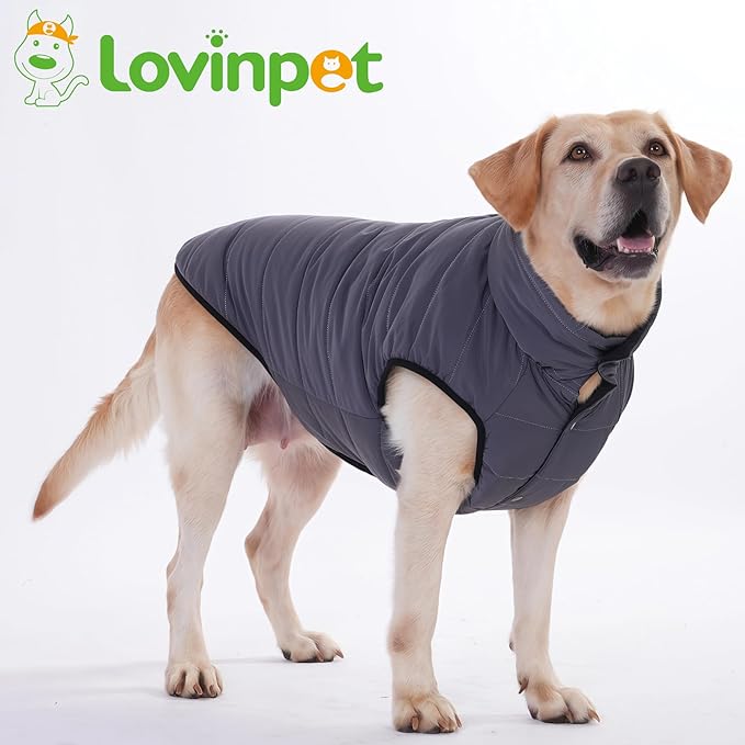 LovinPet Reversible Dog Puffer Coat for Medium & Large Dogs, Down‑Insulated Winter Jacket, Water‑Resistant & Wind‑Resistant, Anti‑Static, Dual-Sided Black & Grey for Cold Weather,2XL
