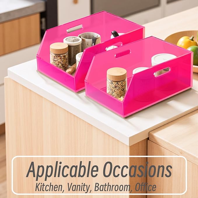 Gelite Stackable Storage Bins Open Front Organizer Bins with Handles Acrylic Storage Container for Pantry Kitchen Cabinet Bathroom Closet Office Organization, 15.4x11.4x6.7'', Neon Pink