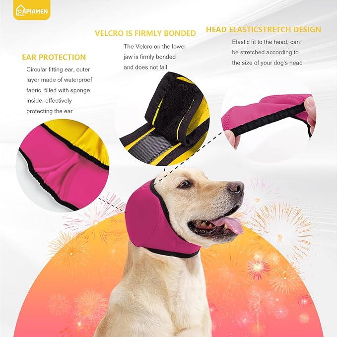 2Pcs Dog Ear Covers for Bath & Noise Protection,Adjustable Dog Ear Muffs Anxiety Relief Calming Hoodie Design,No Shake Ear Protection for Grooming,Swimming,Drying,Hematoma(Fuchsia&Yellow,M)