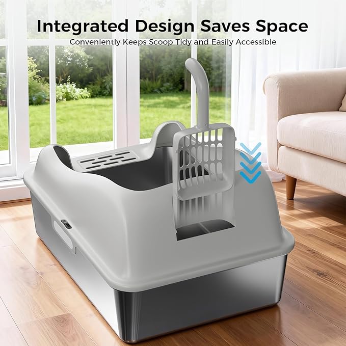 GTPLAYER Stainless Steel Litter Box for Big & Multiple Cats, Easy Clean Odor-Resistant Design, High Sided Leak-Proof Litter Box with Mat & Scoop, Light Gray
