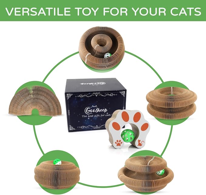 Kitty Kurlz Accordion Magic Organ Cat Scratcher Toys for Indoor Cats - Cardboard Cat Scratching Board Ball Scratcher Pad 3 Pack