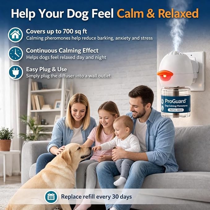ProGuard Dog Pheromones Calming Diffuser Kit Appeasing Pheromone Diffuser to Calm (3 Plug in+ 6 Pack 48ml Refill) for Anxiety Relieve Relief Reduce Aggression Fighting Barking Stress 180 Day Supply