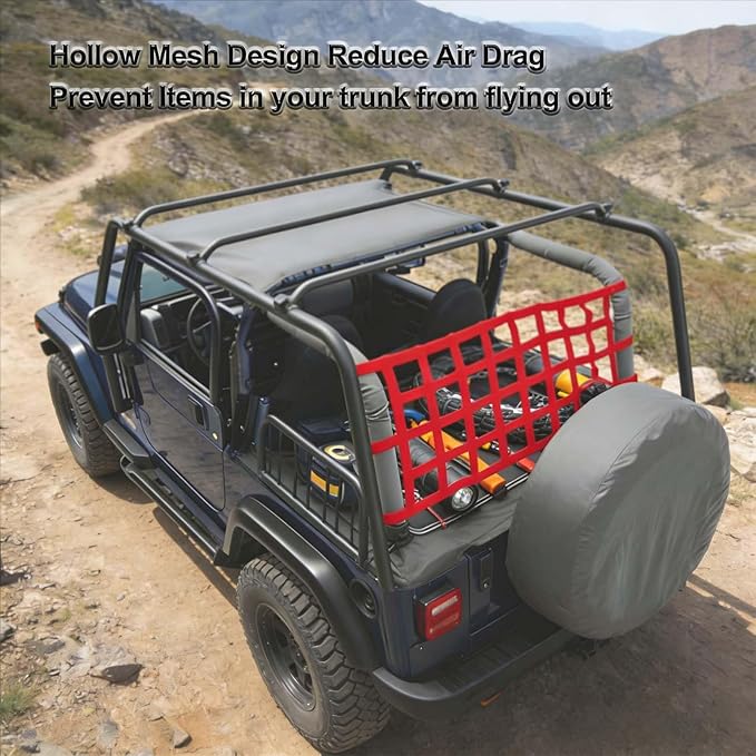 Red for Jeep Hammock & Cargo Net, Compatible for 1987-2024 Jeep Wrangler YJ TJ JK JL LJ JKU JLU JT & Gladiator JT, High-Visibility Nylon for Jeep Hammock, Car Ceiling Cargo Net Overhead Storage