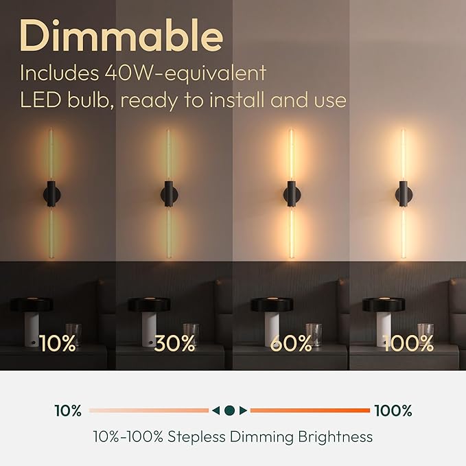 ALAMPEVER Wall Sconce with T10 Bulbs, Modern Bathroom Black Wall Sconces, Clean Lines Design, Dimmable Wall Light for Bedroom, Living Room, Hallway, Entryway, Café, and Bar
