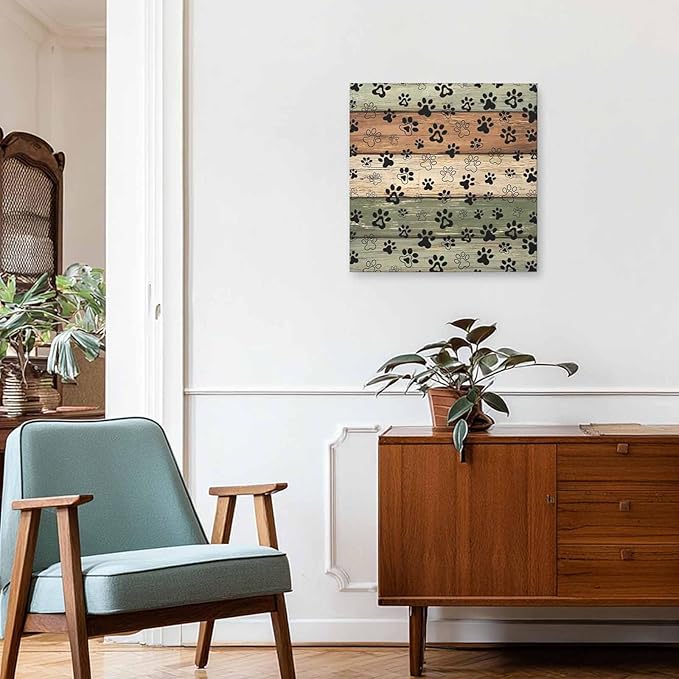 Framed Canvas Wall Art for Living Room Dog Paw Print Wall Decor, Retro Brown Green Wood Grain Aesthetic Paintings for Bedroom Office Kitchen Bathroom, Ready to Hang Artwork Wall Pictures 16x16 Inch