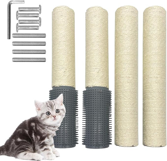 Fhiny 4PCS Cat Scratching Post Replacement with Groomer, 15.7" Natural Sisal Spare Extension Scratch Post for Cats Tree DIY Craft Climbing Perch Hemp Rope Scratcher Perch Parts White