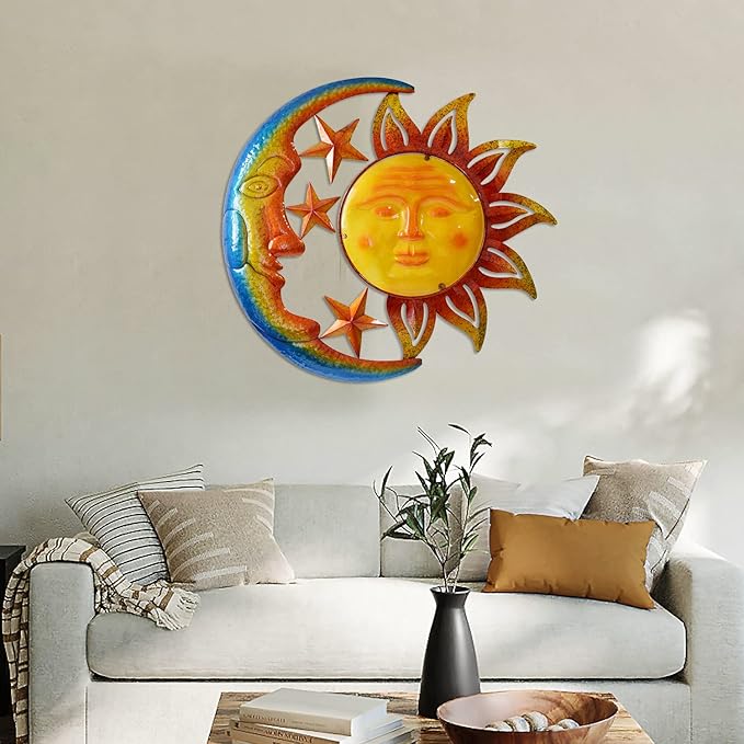 Metal Larger Size 32 Inch Sun Outdoor Wall Art Decor with Moon & Stars,Hanging for Indoor Outdoor Patio Garden Fence Deck Yard Pool Wall Sculpture Decoration for Living Room Bedroom