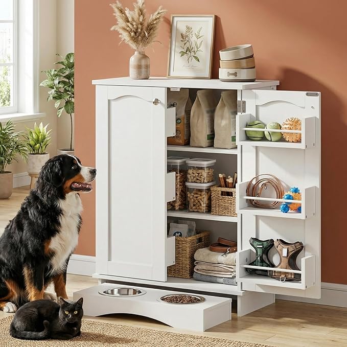 Dog Storage Cabinet with Bowls, Pet Food Storage Cabinet with Adjustable Shelves, Hidden Dog Feeding Station with Hooks, Letter Stickers, Pet Storage Organizer for Cats and Dogs, White