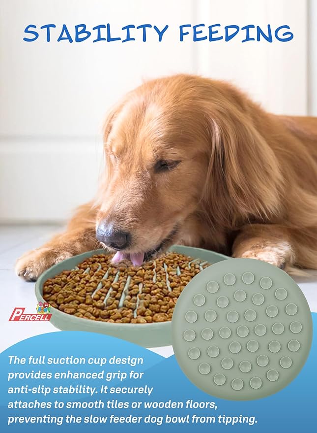 Slow Feeder Dog Bowl with Suction Cups - Non-Slip Silicone Strip Maze Design for Dogs (Light Green)